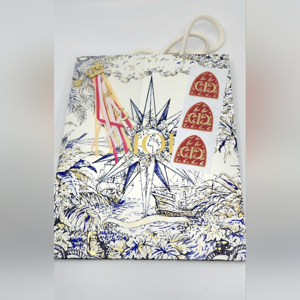 Authentic Dior 2022 Holiday Nautical Toile Gift Bag Set with Charm & Stickers